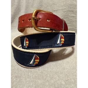 Leather Man Ltd. Sailboat Theme Size 42  Belt Canvas Leather Brass Buckle EUC